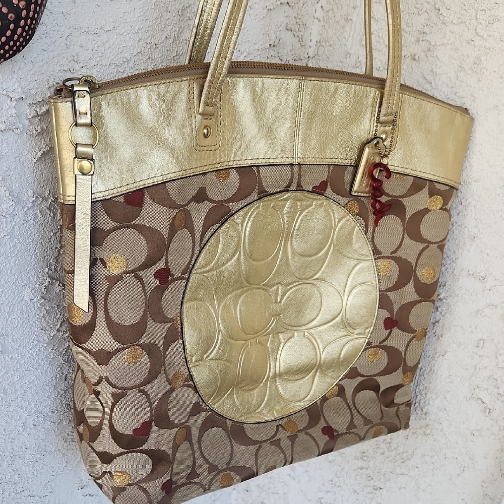 Coach Brown Signature Tote with Metallic Gold Trim - Picture 2 of 16